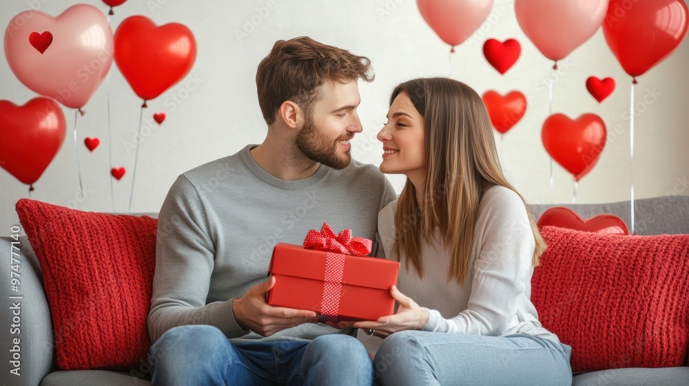 Young couple celebrating love with gift on Valentine’s Day at home Young couple celebrating love with gift on Valentine’s Day at home