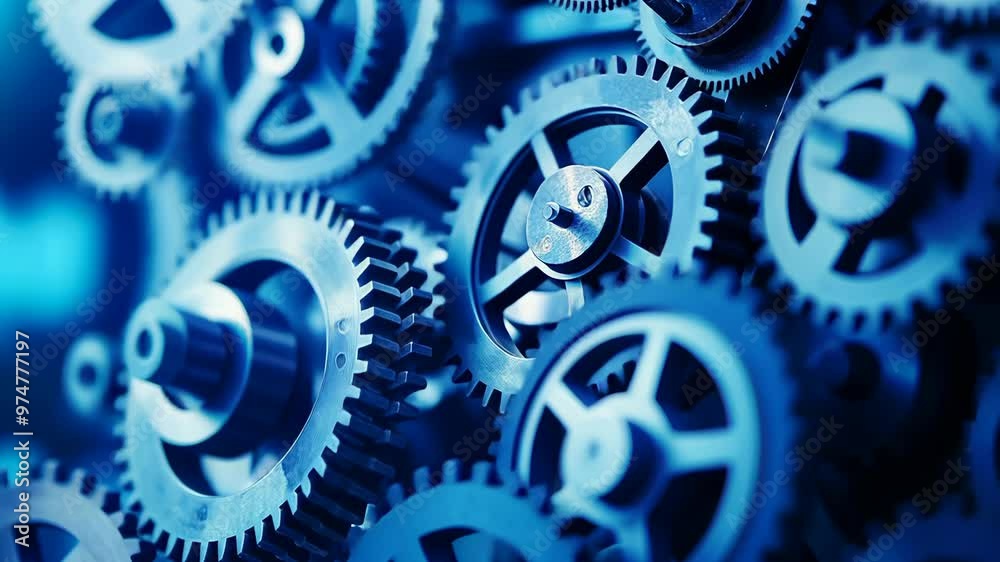 Mechanical gears in motion blue metallic cogs showcasing precision engineering and industrial technology, 4k video Mechanical gears in motion blue metallic cogs showcasing precision engineering and industrial technology, 4k video