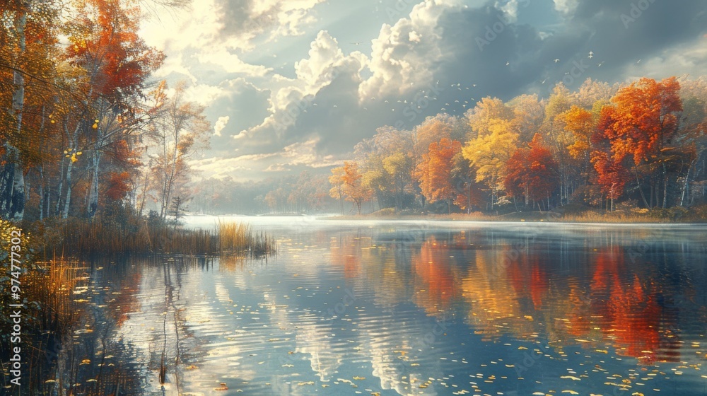 Serene Autumn Landscape with Misty Lake and Colorful Trees