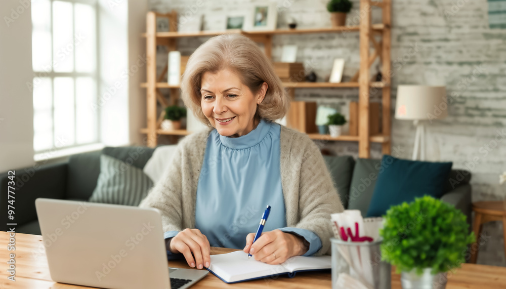 A woman in her senior years works intently at her laptop, jotting down notes in a notebook with a pen, surrounded by a cozy home environment filled with natural light A woman in her senior years works intently at her laptop, jotting down notes in a notebook with a pen, surrounded by a cozy home environment filled with natural light