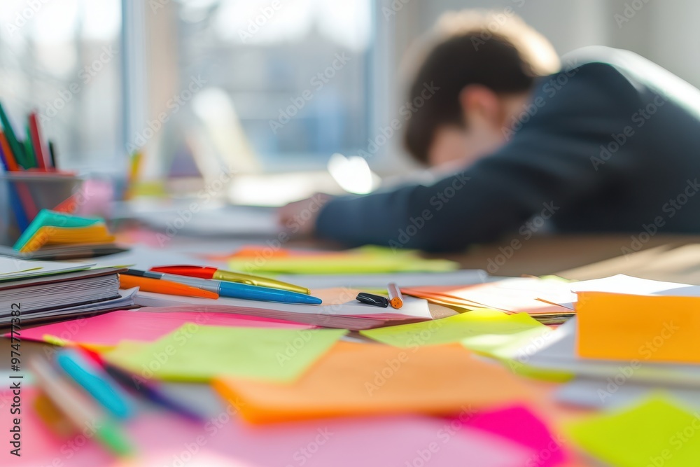 a student chaotic desk cluttered with scattered papers, pens, colorful post it notes and unfinished assignment tasks with copy space a student chaotic desk cluttered with scattered papers, pens, colorful post it notes and unfinished assignment tasks with copy space