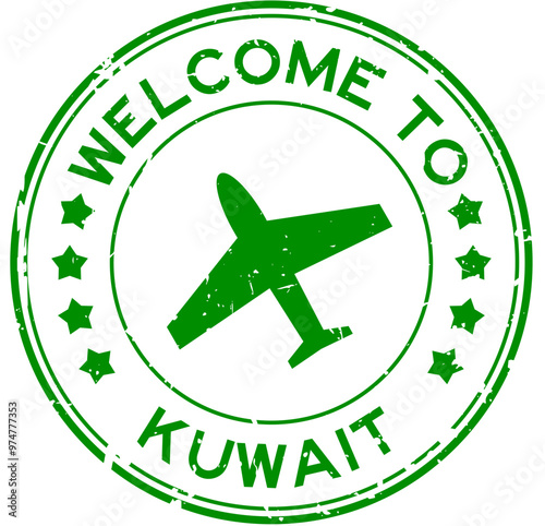 Grunge green welcome to kuwait word with plane icon round rubber seal stamp on white background