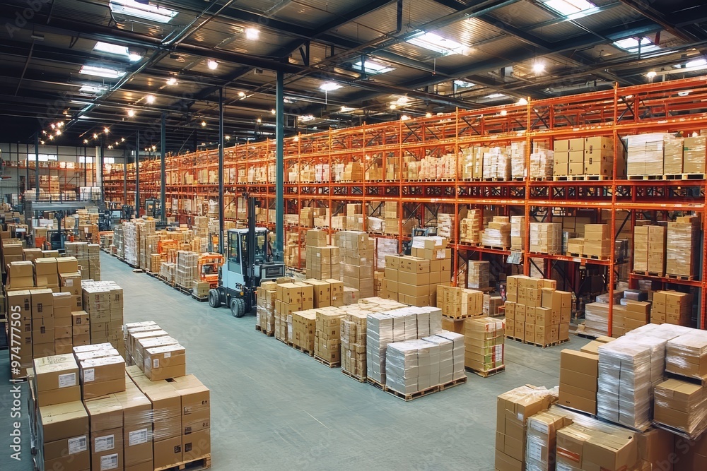 Wide angle view of an industrial warehouse with high shelves for efficient product storage solutions Wide angle view of an industrial warehouse with high shelves for efficient product storage solutions
