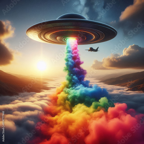 ufo with rainbow smoke in the sky