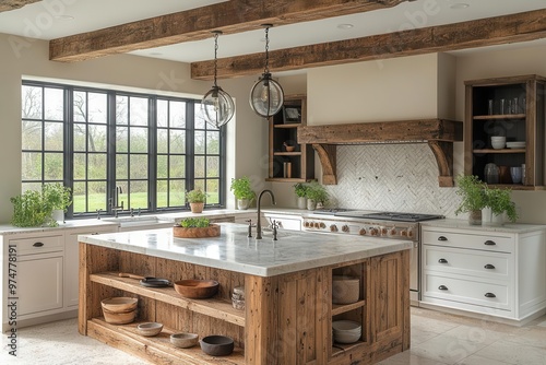 rusticmodern kitchen featuring reclaimed wood beams farmhouse sink and quartz island bathed in warm natural light from large windows blending traditional charm with contemporary elegance photo