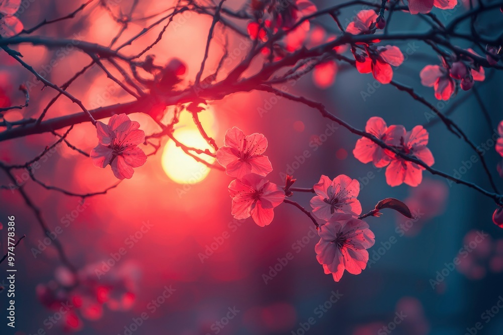 Pink Blossoms Silhouetted Against a Red Sunset Pink Blossoms Silhouetted Against a Red Sunset