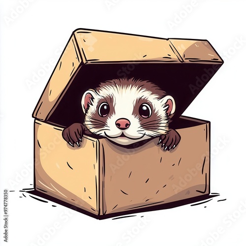 A curious ferret peeking out of a box, adorable cartoon style, warm tones, isolated on white background photo