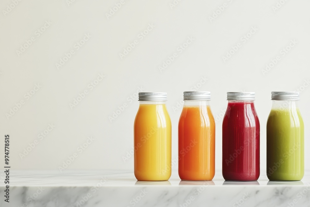 Four colorful juice bottles lined up on a marble surface, showcasing vibrant drink options.