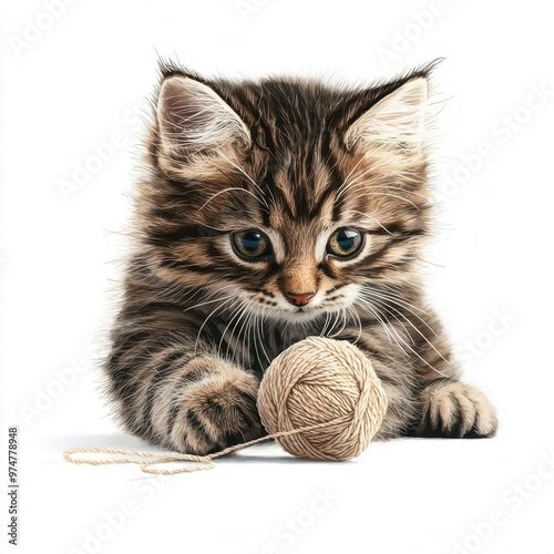 A fluffy kitten playing with yarn, dynamic pose, digital painting, soft lighting, isolated on white background photo