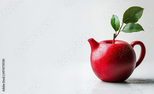 Teapot in a shape of red apple fruit, unique teapot design, leaves on the top photo