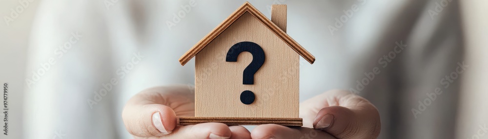 custom made wallpaper toronto digitalA person holding a wooden house model with a question mark, symbolizing inquiries about homes and housing decisions.