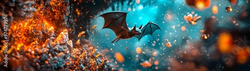 A bat with a wizard s staff, flying through a cave filled with glowing magical crystals, bat wizard, dark cave magic photo