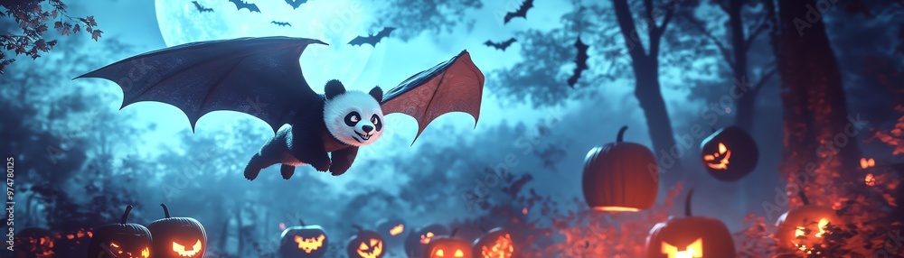 A whimsical scene featuring a panda dressed as a bat, flying over spooky pumpkins in a moonlit forest. A whimsical scene featuring a panda dressed as a bat, flying over spooky pumpkins in a moonlit forest.