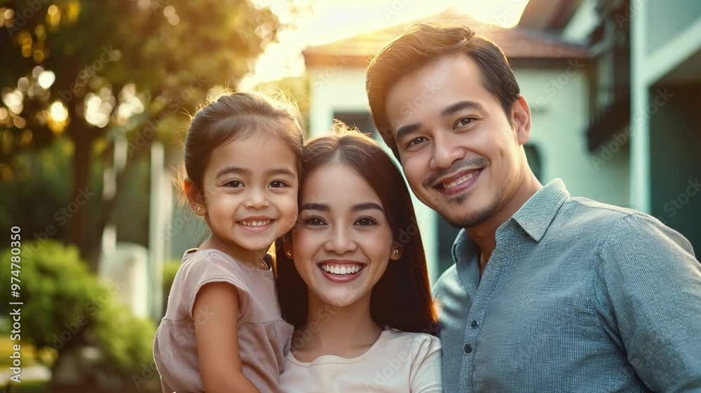 Asian family of three is standing outside, smiling and looking at the camera, posing near their new house Asian family of three is standing outside, smiling and looking at the camera, posing near their new house