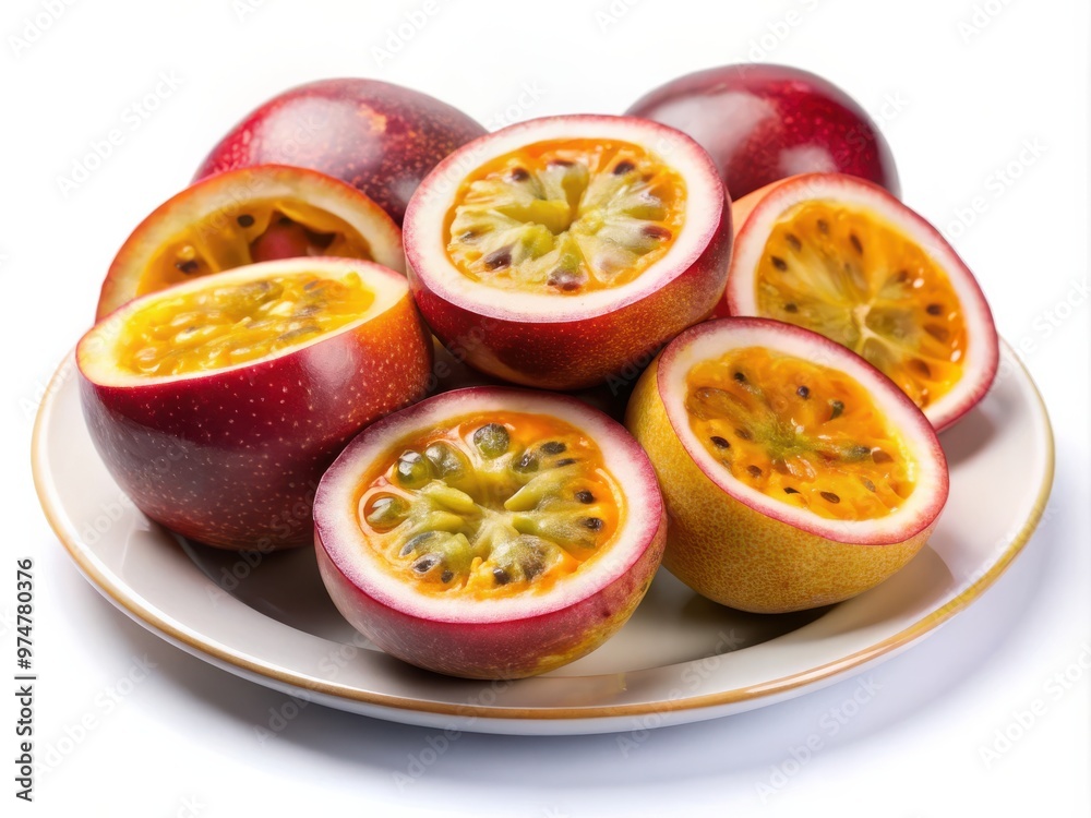 Halved Passion Fruits with Seeds on Plate Halved Passion Fruits with Seeds on Plate