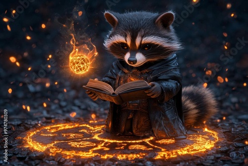 A raccoon in a sorcerer s robe, summoning a floating spellbook while standing in a circle of glowing runes, raccoon wizard, mystical summoning photo