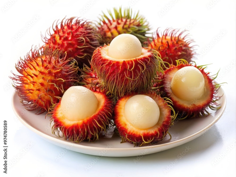 Whole and Halved Rambutan Fruits on Plate Whole and Halved Rambutan Fruits on Plate