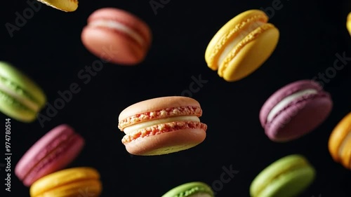 Wallpaper Mural A delightful display of macarons in various colors and flavors appears to float against a dark backdrop, creating a whimsical effect Torontodigital.ca