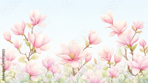 A serene scene featuring delicate pink magnolia flowers against a soft blue background, perfect for springtime themes.