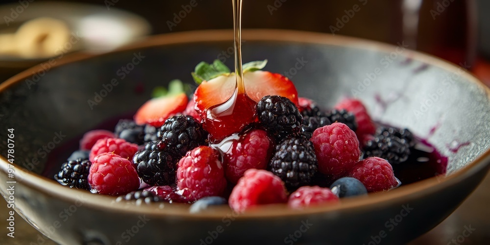 A bowl of berries with syrup being poured over them. A bowl of berries with syrup being poured over them.