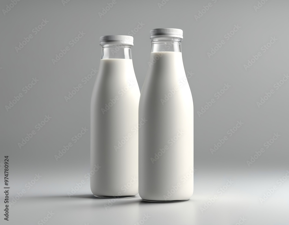two isolated milk bottles with metal cap mockup yogurt glass 3d render indoor studio shot two isolated milk bottles with metal cap mockup yogurt glass 3d render indoor studio shot