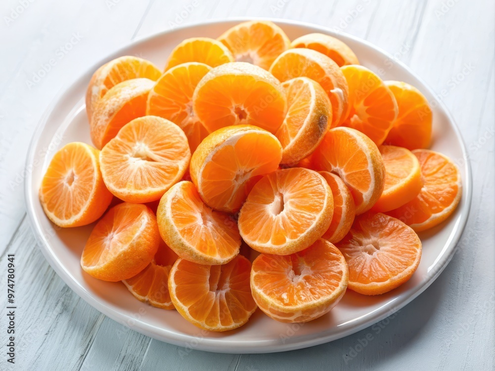 Sliced Fresh Mandarins on White Plate Sliced Fresh Mandarins on White Plate