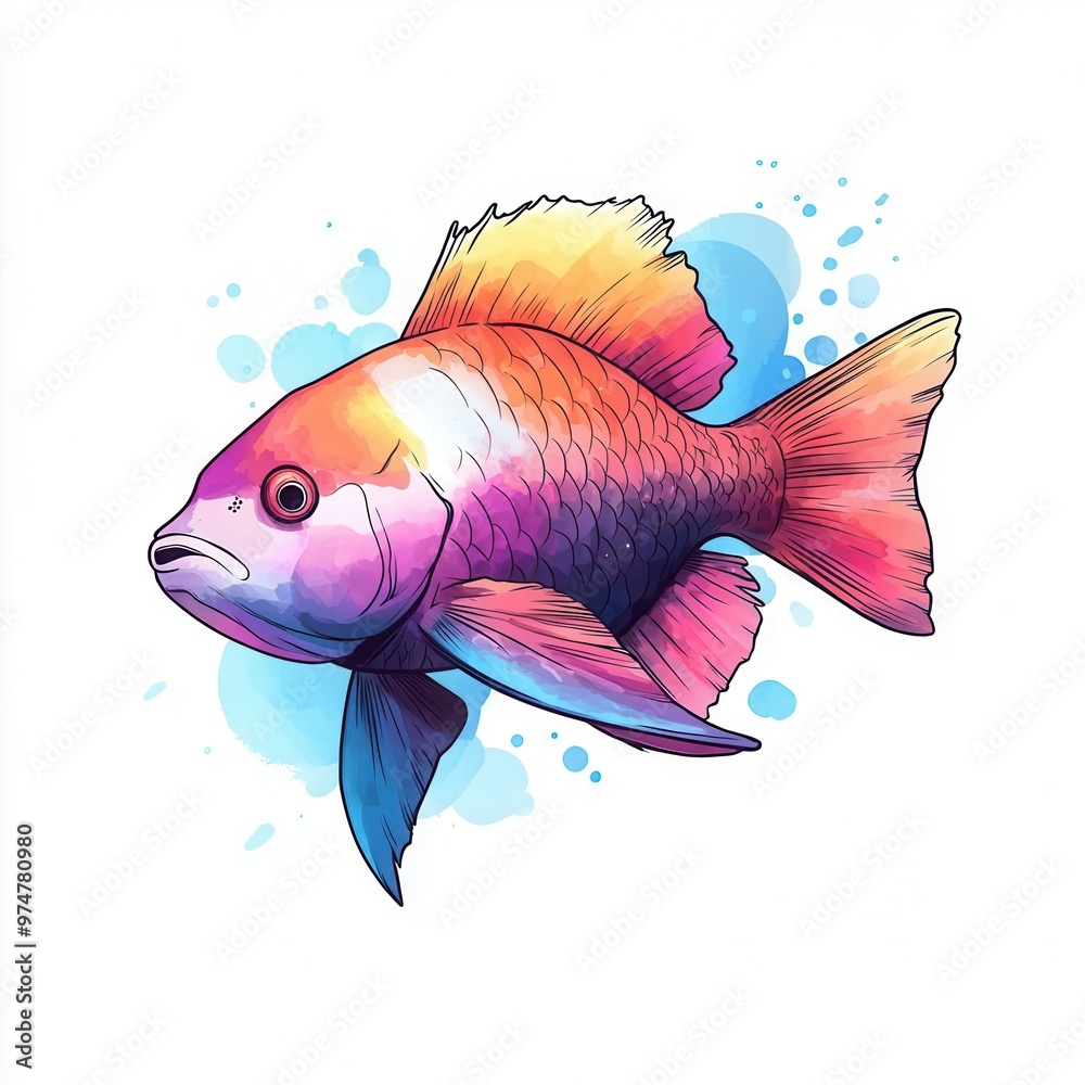 Naklejka premium A parrotfish swimming gracefully, vivid colors, digital painting, soft lighting, isolated on white background