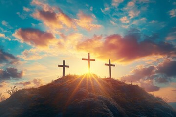 Three crosses on a hill with sunlight, featuring jesus  cross in a stunning easter scene