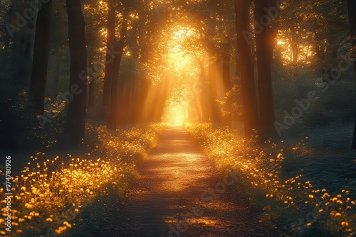 serene forest path bathed in dappled sunlight inviting contemplative solitude soft focus and warm colors create a spiritual ambiance perfect for meditation