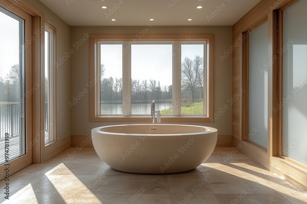 serene minimalist bathroom featuring a freestanding oval bathtub soft natural light filters through frosted windows highlighting sleek fixtures and calming neutral tones