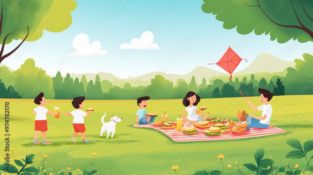 Fototapeta premium A cheerful picnic scene with kids, a dog, and a colorful kite in a sunny park. Enjoy outdoor fun and family bonding moments.