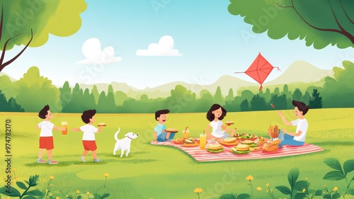 A cheerful picnic scene with kids, a dog, and a colorful kite in a sunny park. Enjoy outdoor fun and family bonding moments.