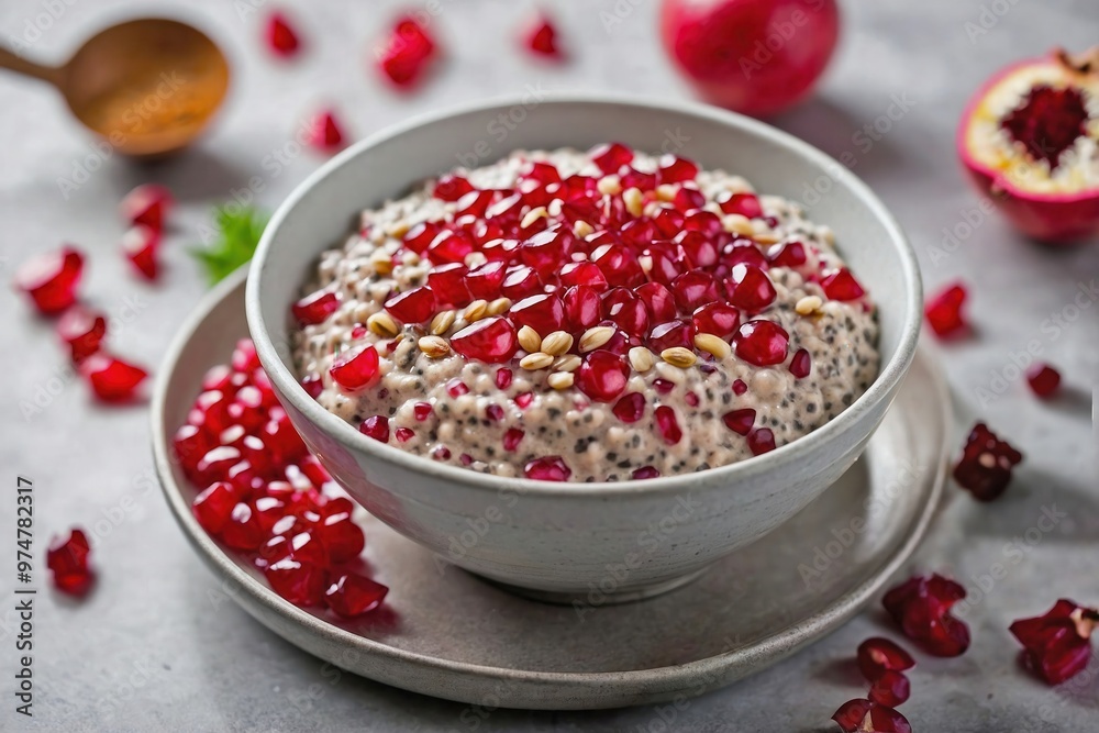 Pomegranate Chia Pudding: Overhead shot of chia pudding in a white bowl with a generous topping of fresh pomegranate seeds Pomegranate Chia Pudding: Overhead shot of chia pudding in a white bowl with a generous topping of fresh pomegranate seeds