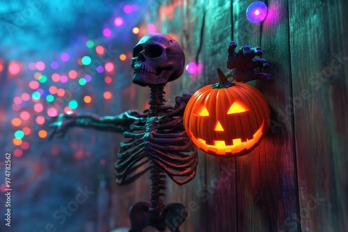 Eerie skeletal figure with pumpkin head against a spooky misty background and vibrant lights photo