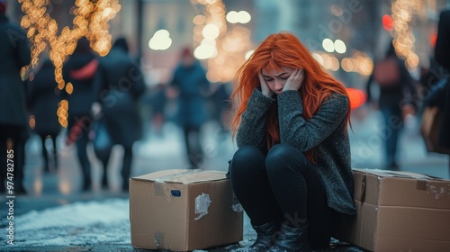 Desolate redhead woman surrounded by boxes in a winter cityscape with festive lights photo