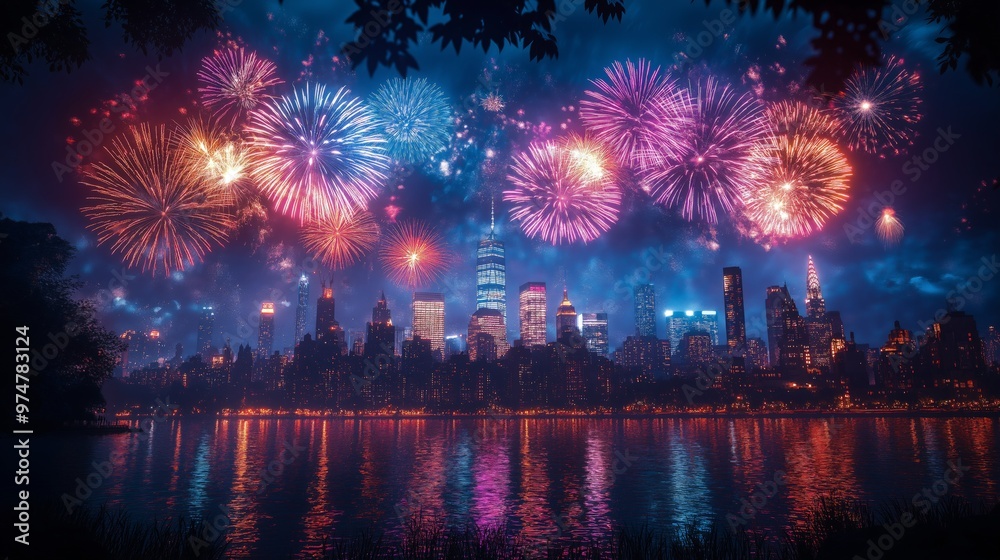 Fototapeta premium Colorful fireworks light up the night sky over a vibrant city skyline, reflecting in the water during a festive celebration