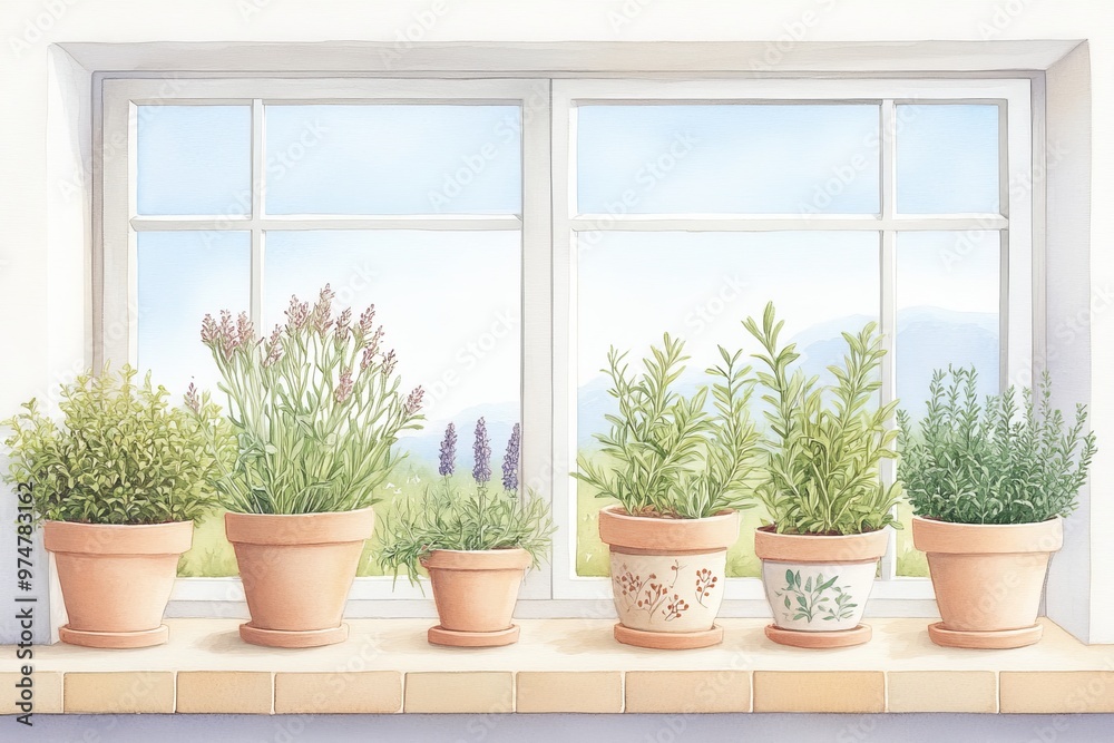 A serene view of potted herbs on a sunlit windowsill, creating a peaceful, natural ambiance in a home setting. A serene view of potted herbs on a sunlit windowsill, creating a peaceful, natural ambiance in a home setting.