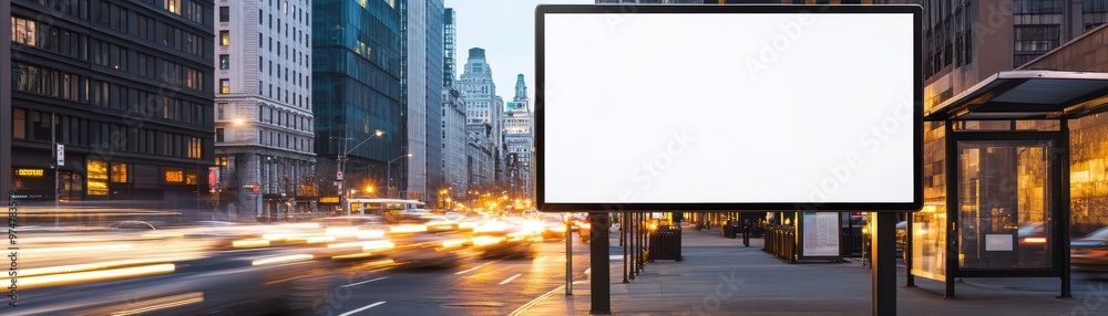 A blank advertising billboard stands in a busy urban setting, surrounded by moving traffic and tall city buildings.