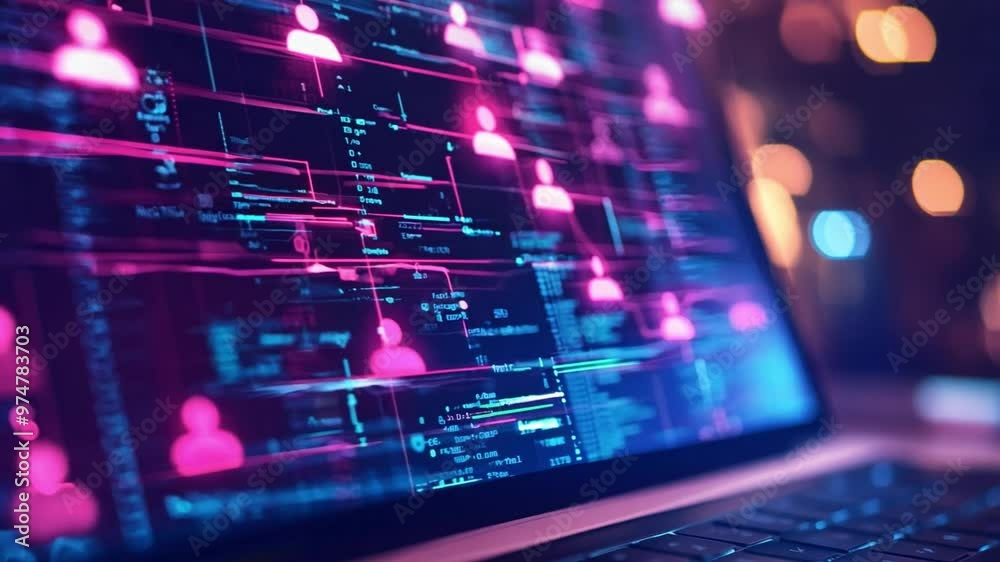 Laptop screen shows a vibrant digital interface exhibiting users profiles and complex data analysis while people gather at a tech conference in the evening