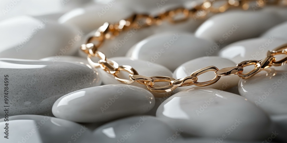 Gold chain resting on smooth, white stones. Gold chain resting on smooth, white stones.