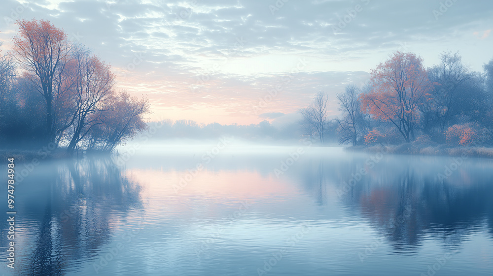 Misty Autumn Lake with Reflection of Trees and Sky Misty Autumn Lake with Reflection of Trees and Sky