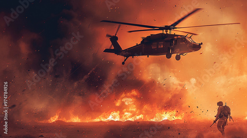 Military chopper crossing fire and smoke in the desert, wide poster design with copy space for text photo