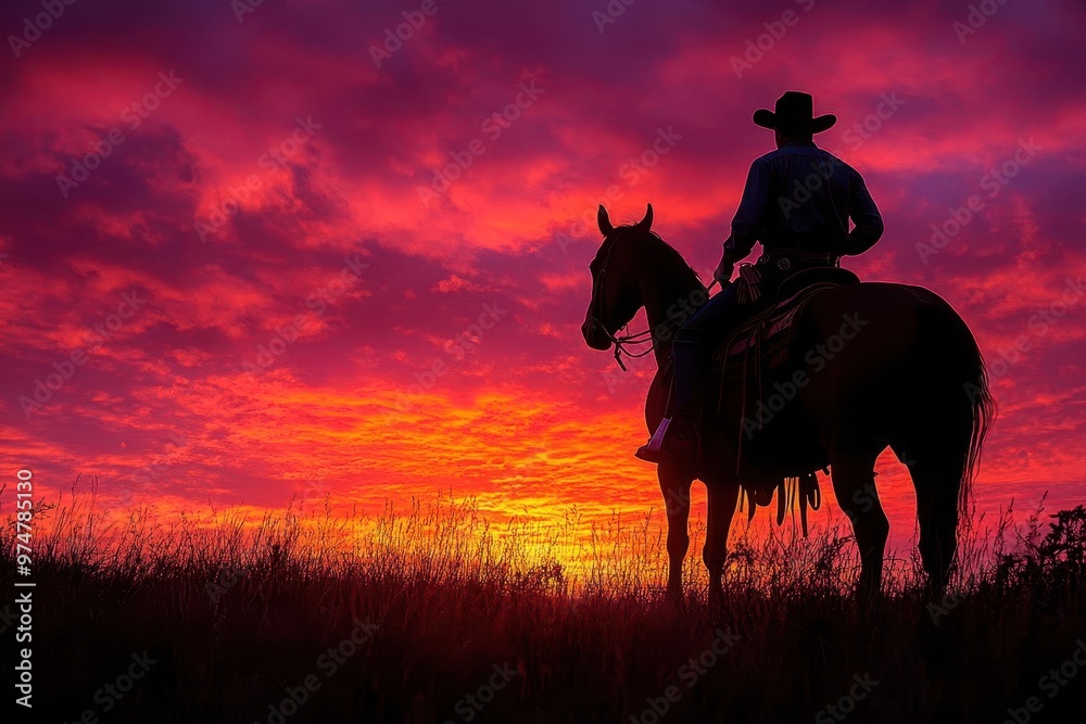 silhouette of a lone cowboy on horseback traversing a vast open field against a breathtaking sunset sky with vibrant orange and purple hues silhouette of a lone cowboy on horseback traversing a vast open field against a breathtaking sunset sky with vibrant orange and purple hues