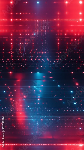 Abstract digital technology background with red and blue light effects, resembling a futuristic interface with glowing lights and patterns. photo