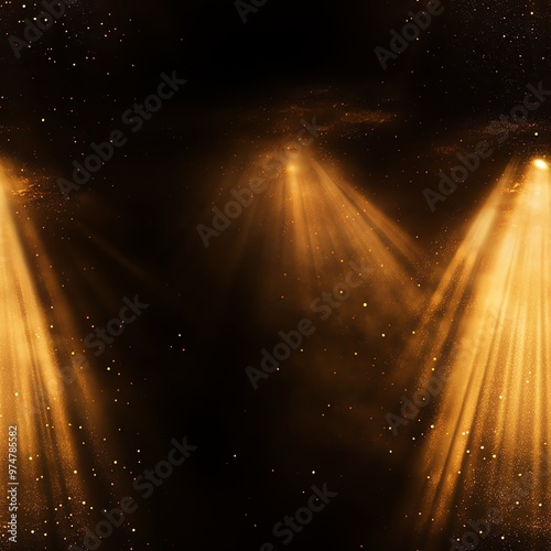 Golden stage lights beam through a smoky atmosphere, creating a captivating and dramatic backdrop perfect for events and performances. photo