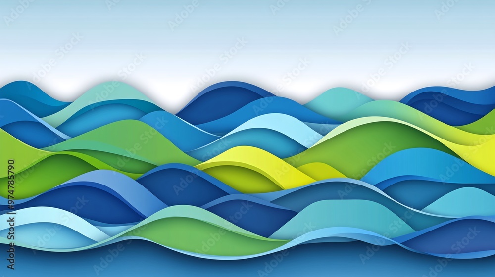 Abstract paper cut design of green and blue waves on a white background. Abstract paper cut design of green and blue waves on a white background.