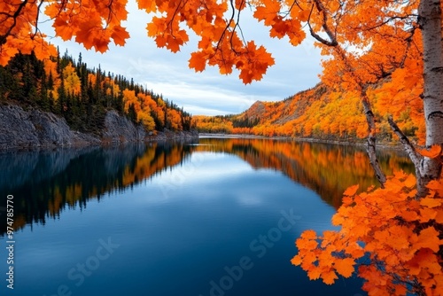 Autumn River Cruises in Canada represented in a minimalist design, highlighting scenic river cruises through colorful fall landscapes