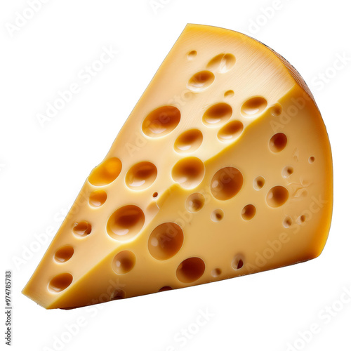 Large wedge of Swiss cheese with holes on transparent background