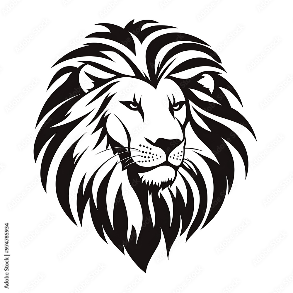 Obraz premium A stylized black and white illustration of a lion's head with a thick mane.