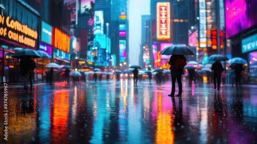 Obraz premium A vibrant rainy night in a bustling city with colorful neon lights and people walking with umbrellas on reflective streets.